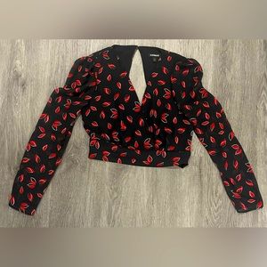 Express long sleeve cropped vneck open back blouse